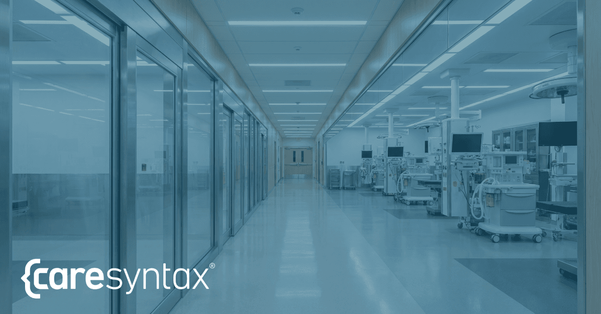 An architectural interior shot of a modern surgical wing, looking from the OR toward the PACU. The image uses leading lines to show a long, clean hallway. The lighting is cool and clinical but realistic. One side of the hallway is clear, the other has a subtle "backup" of equipment. The composition is very symmetrical and organized. Shot with a wide-angle lens, architectural photography style, high resolution, clean and sophisticated.